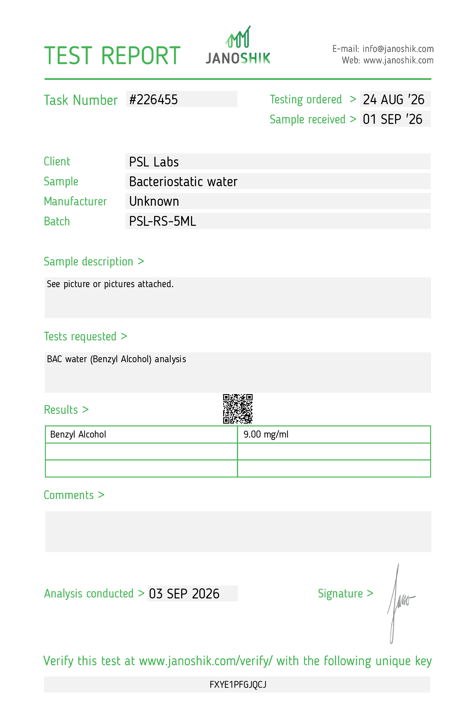 Laboratory Certificate of Analysis for PSL Labs Reconstitution Solution, Batch PSL-RS-5ML, Task Number 226455. Sample identified as bacteriostatic water. Laboratory-reported benzyl alcohol 9.00 mg/ml. Analysis conducted September 3, 2026.