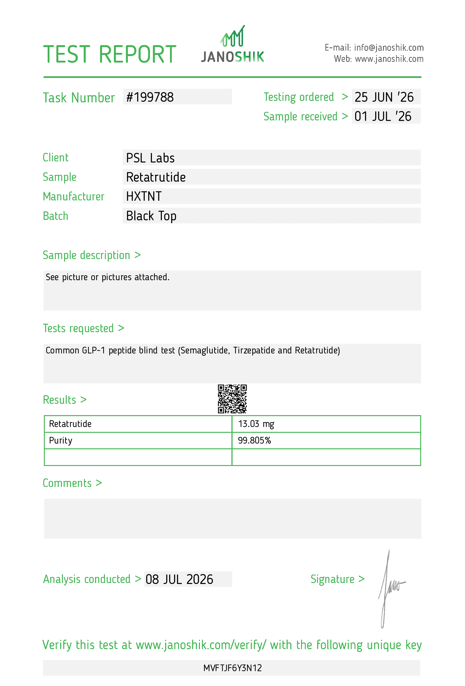 Original Janoshik laboratory test report for PSL Labs Retatrutide, Batch Black Top, Task Number 199788. Laboratory-reported identity Retatrutide, amount 13.03 mg, purity 99.805%. Analysis conducted July 8, 2026.