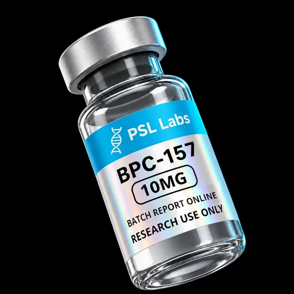 Illustrative PSL Labs BPC-157 10 mg vial with corrected batch-report label; physical packaging may differ