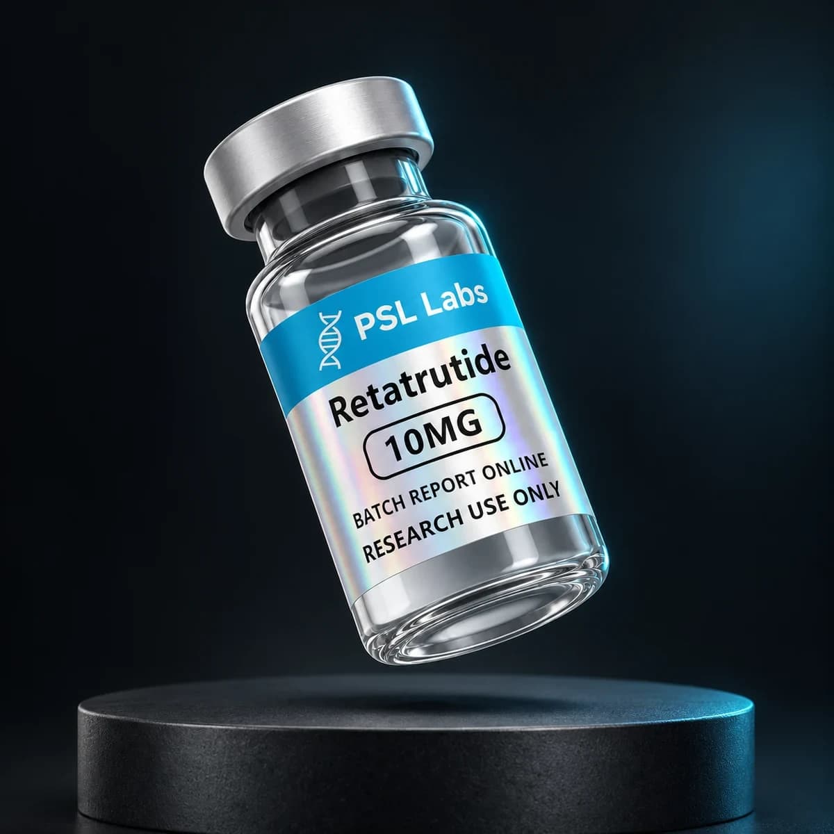 Illustrative PSL Labs Retatrutide 10 mg vial with corrected batch-report label; physical packaging may differ