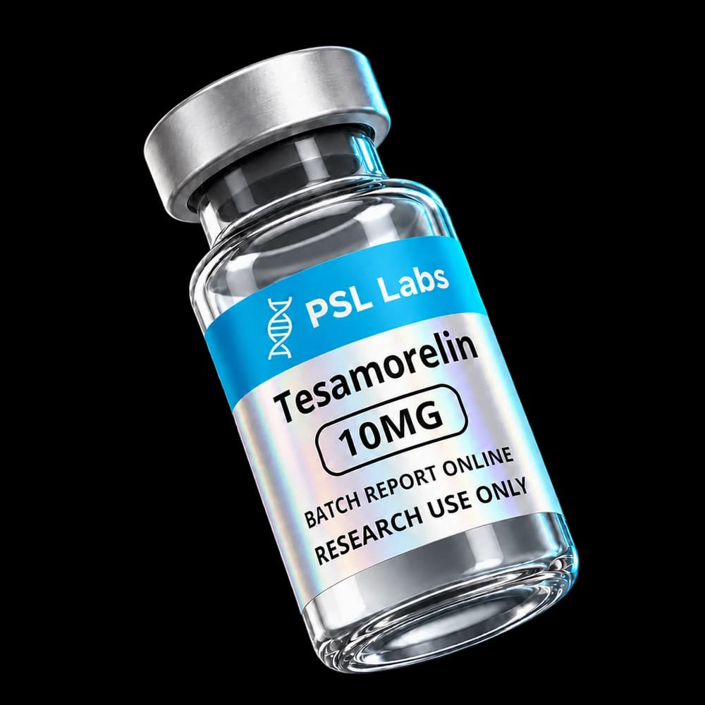 Illustrative PSL Labs Tesamorelin 10 mg vial with corrected batch-report label; physical packaging may differ